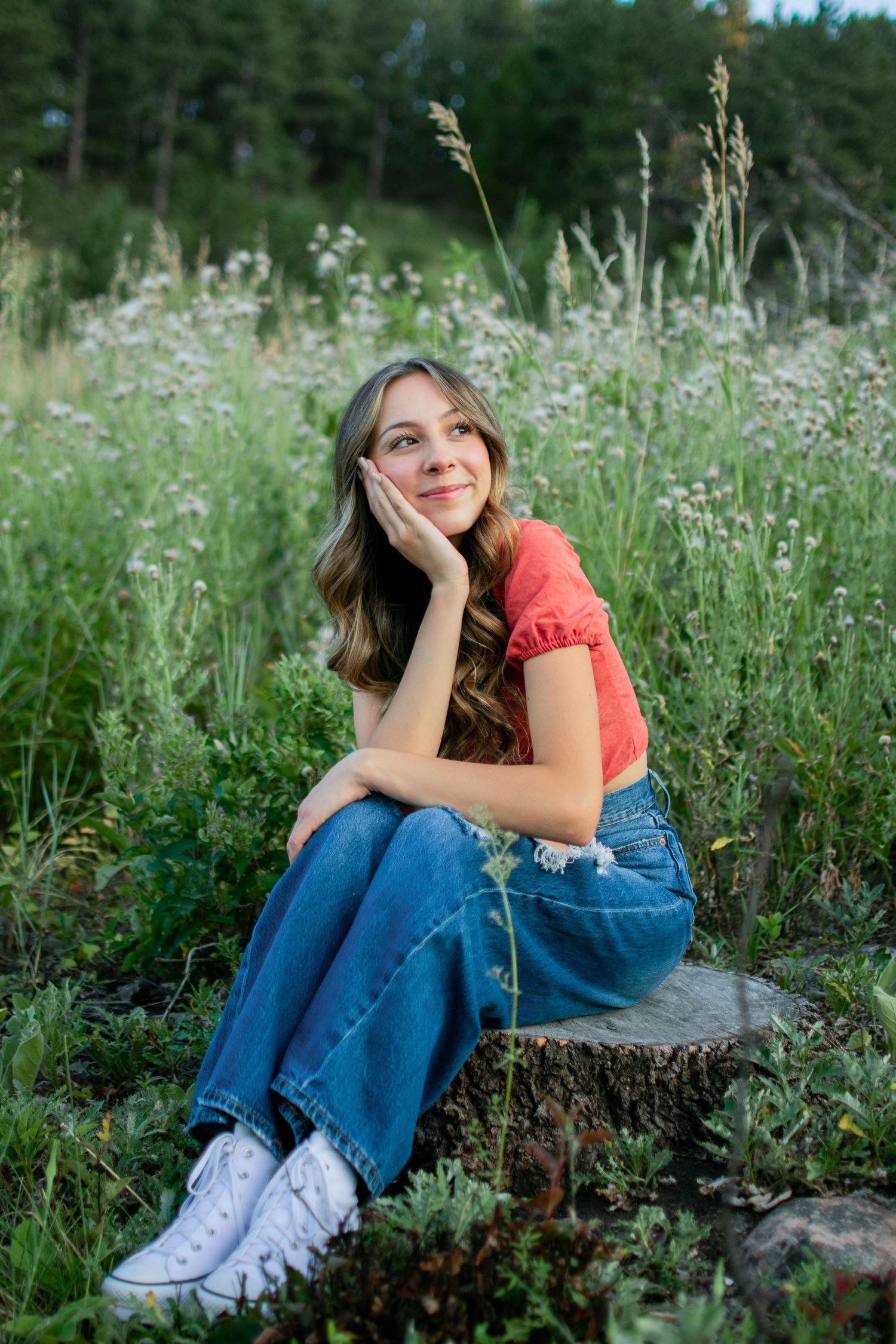 A person in a red top and jeans sits thoughtfully on a rock surrounded by wildflowers and tall grass in nature.