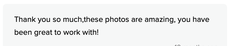 A glowing five-star customer review praising amazing photos and a great working experience.