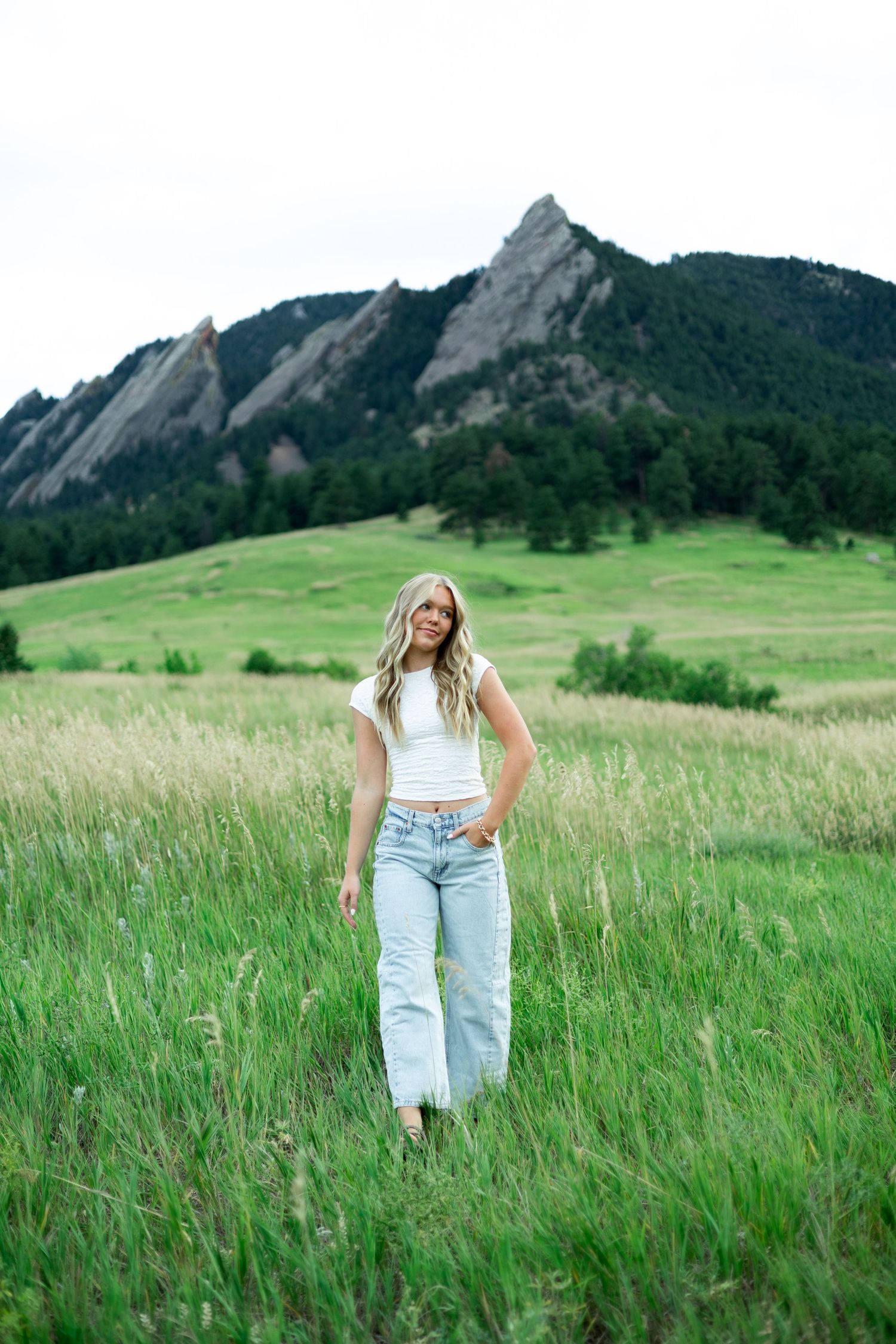 A scenic mountain landscape with rolling green meadows and dramatic Flatiron rock formations in Boulder, Colorado.