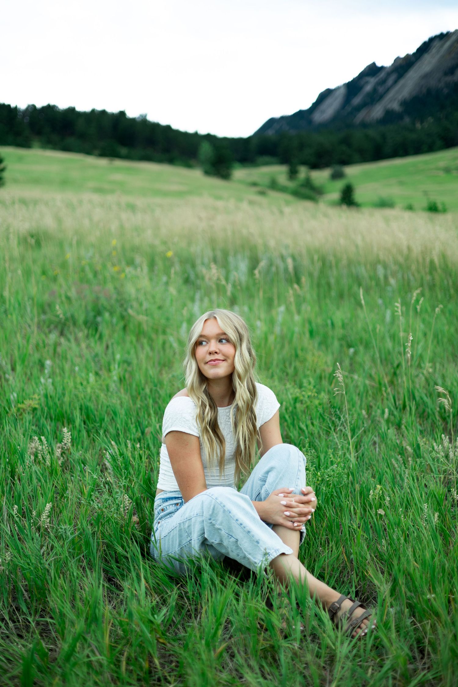 Figure relaxing in tall summer grass with mountains and meadows in the scenic background.