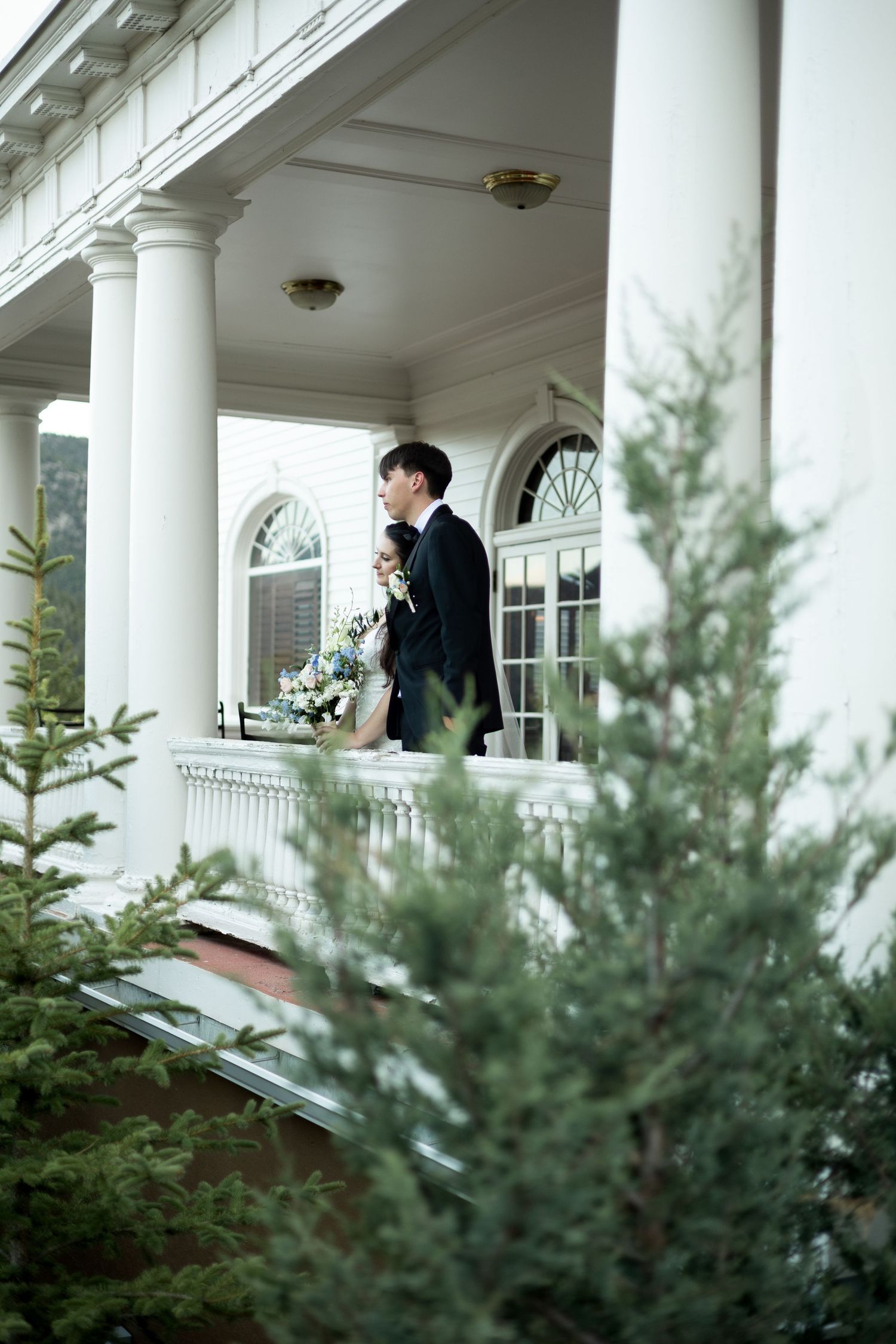 Classic white columned porch with evergreen shrubs in the foreground.