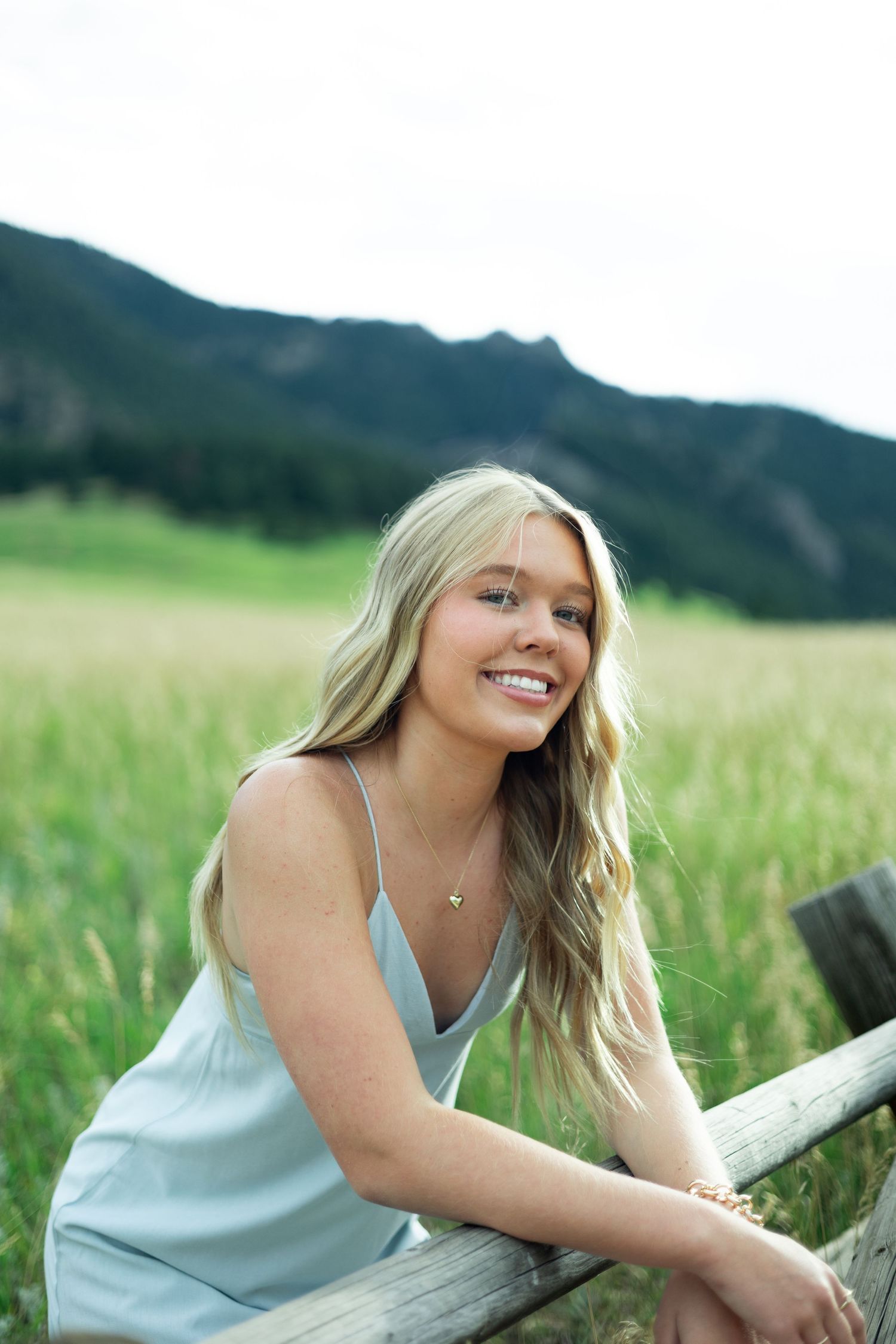 Person in light blue top lounges on rustic fence in sunny green field with mountains in background.