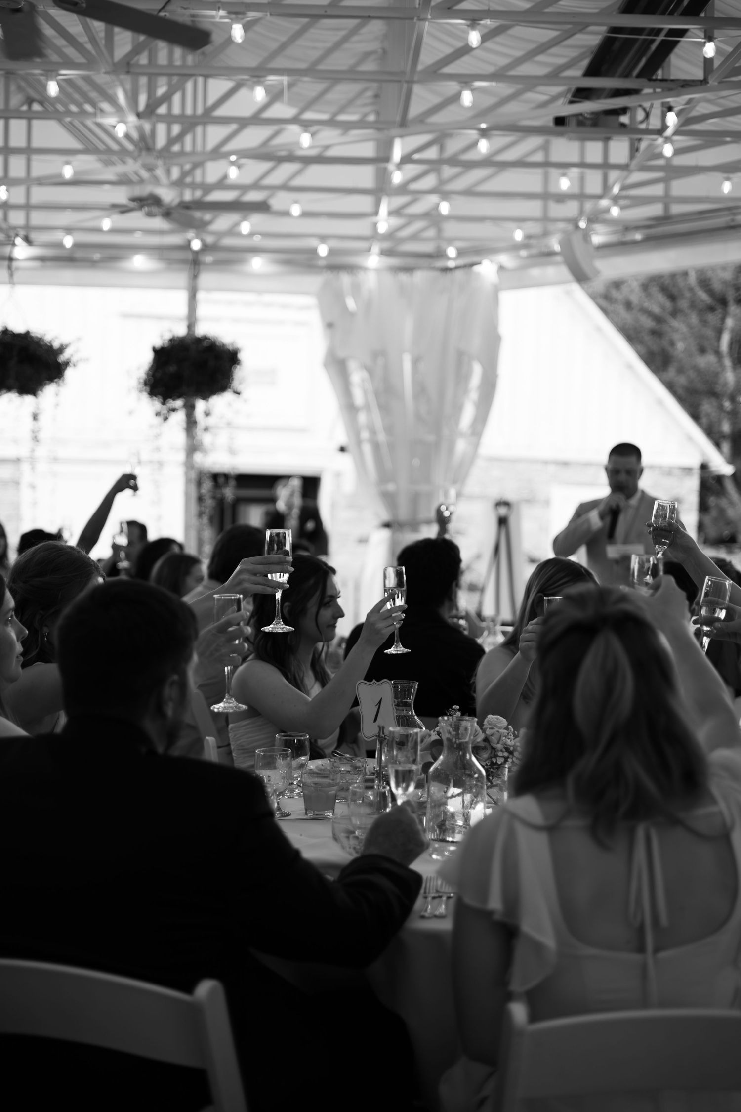 Wedding reception guests raise their glasses for a toast under string lights in a tent venue.