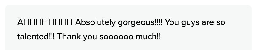 Enthusiastic customer review praising talented team with excitement and gratitude in a text message screenshot.