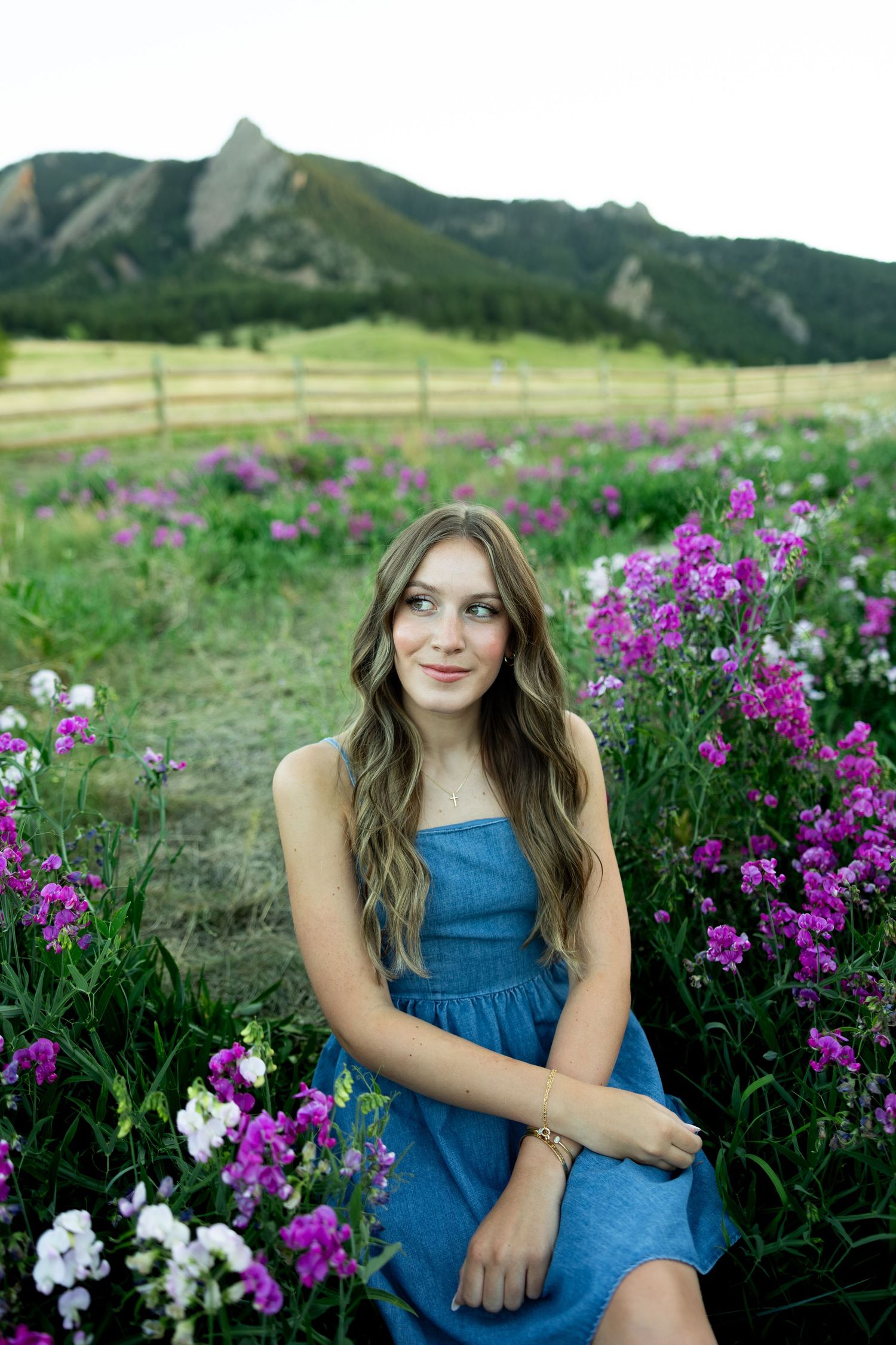 Young woman in blue dress sitting among purple and white wildflowers with Rocky Mountain Flatirons backdrop.