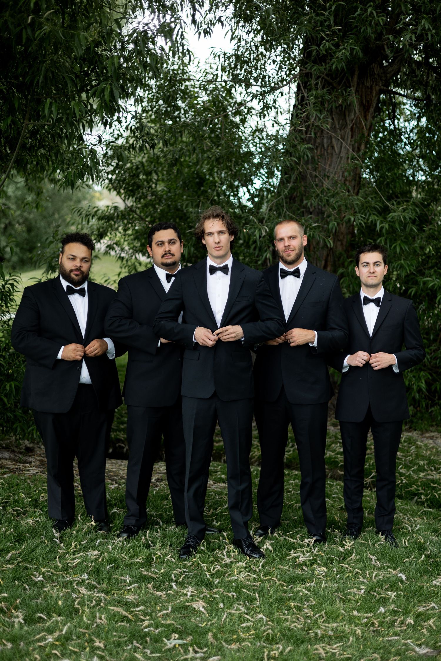 Groomsmen in black tuxedos pose together under a tree.