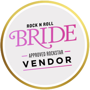 Gold circular badges with pink text displaying vendor and bride labels for a rock and roll themed event.