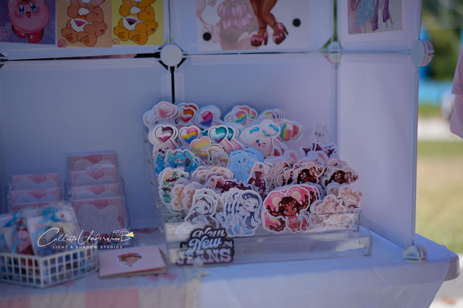 Colorful round animal-themed stickers and prints are displayed on a white vendor table at an outdoor craft fair.