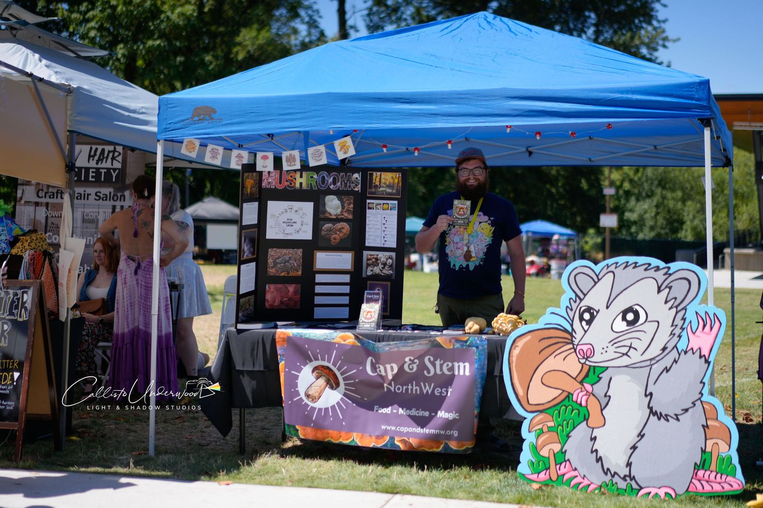 Bearded vendor stands under a blue canopy tent at a craft market booth beside a colorful painted opossum sign and handmade art displays.