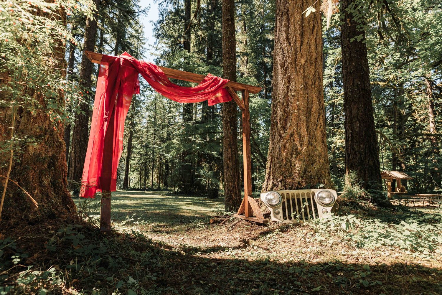 Red fabric draped over a wooden ceremony arch in a sunlit forest clearing with tall evergreen trees and a bench.