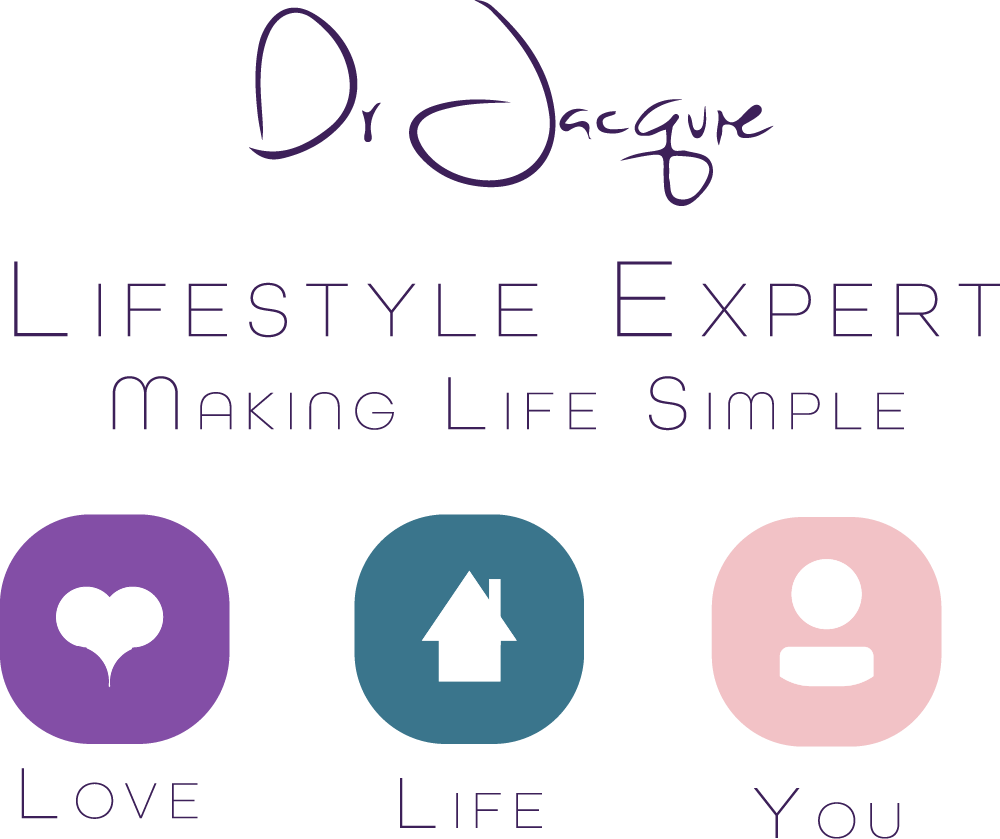 Dr. Jacquie Lifestyle Expert logo with Love, Life, and You icons in purple, teal, and pink.