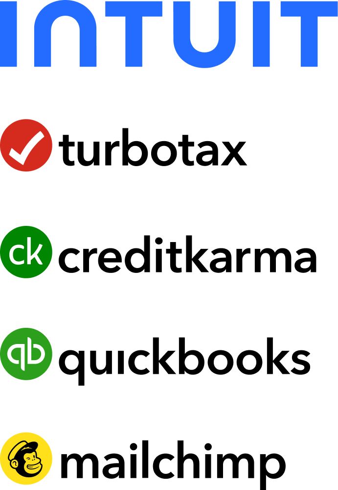 Intuit company logo with TurboTax, Credit Karma, QuickBooks, and Mailchimp product logos.