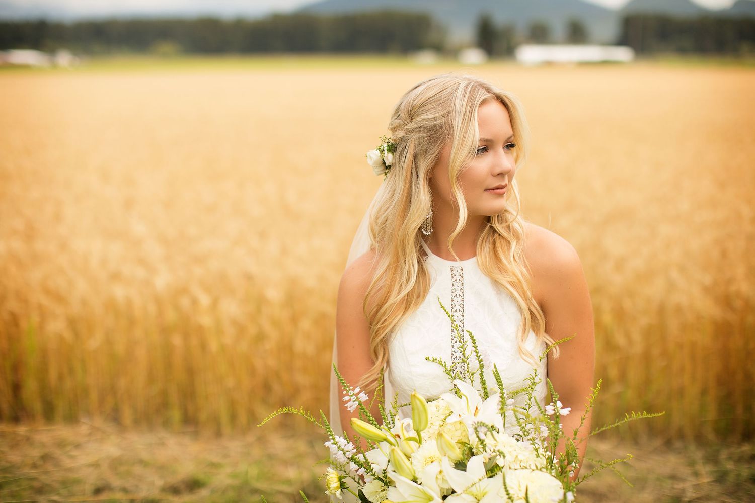 Wedding party poses with sunflowers against a golden wheat field backdrop.