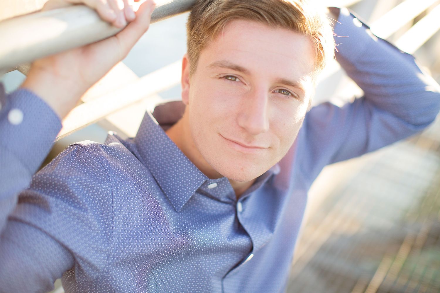 Casual outdoor portrait series with blue polka dot shirt.