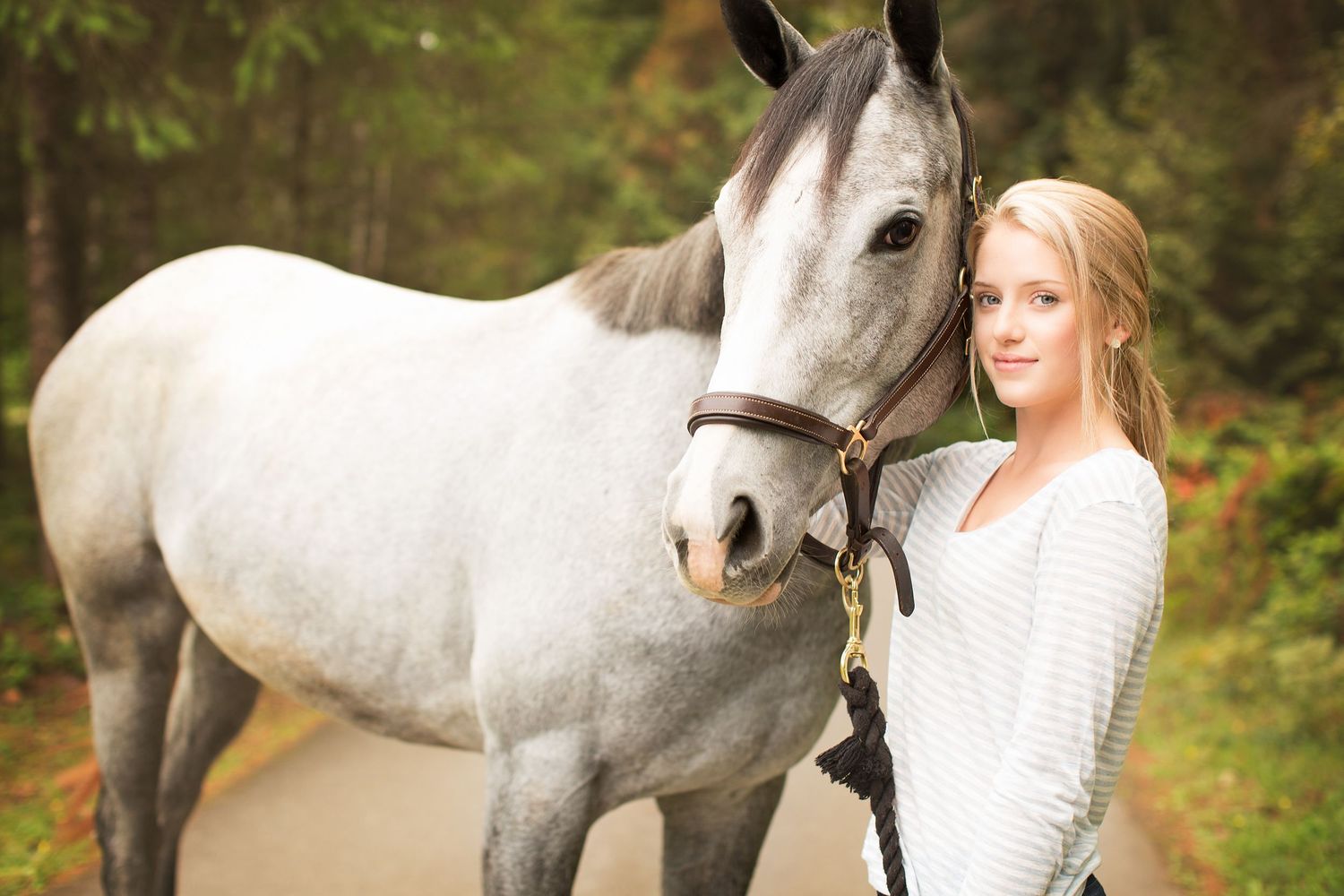 Beautiful white horse and rider portraits taken in a wooded setting during golden hour.