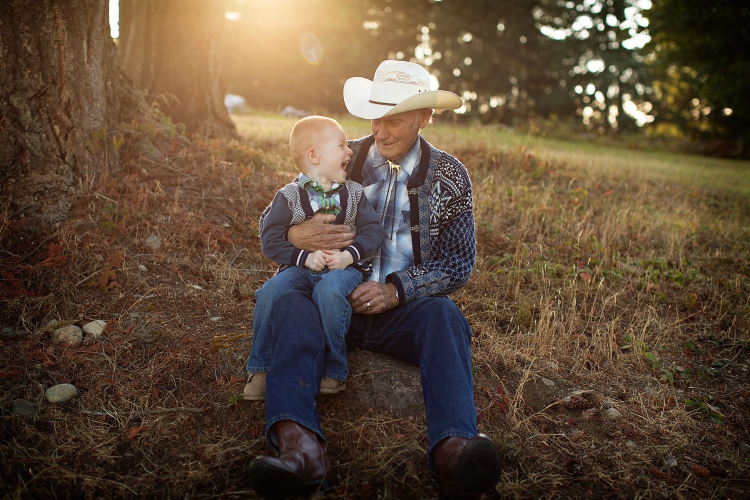 Rustic outdoor scene with denim and casual wear during sunset.