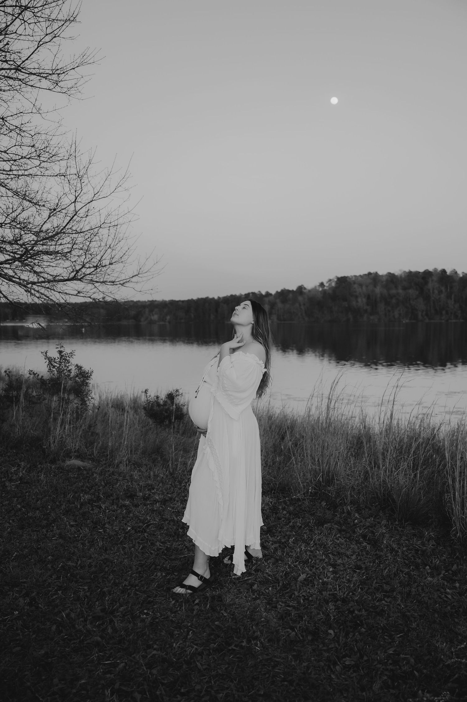 A figure in a white dress stands by a serene lake at dusk with bare trees and a faint moon in the monochrome sky.