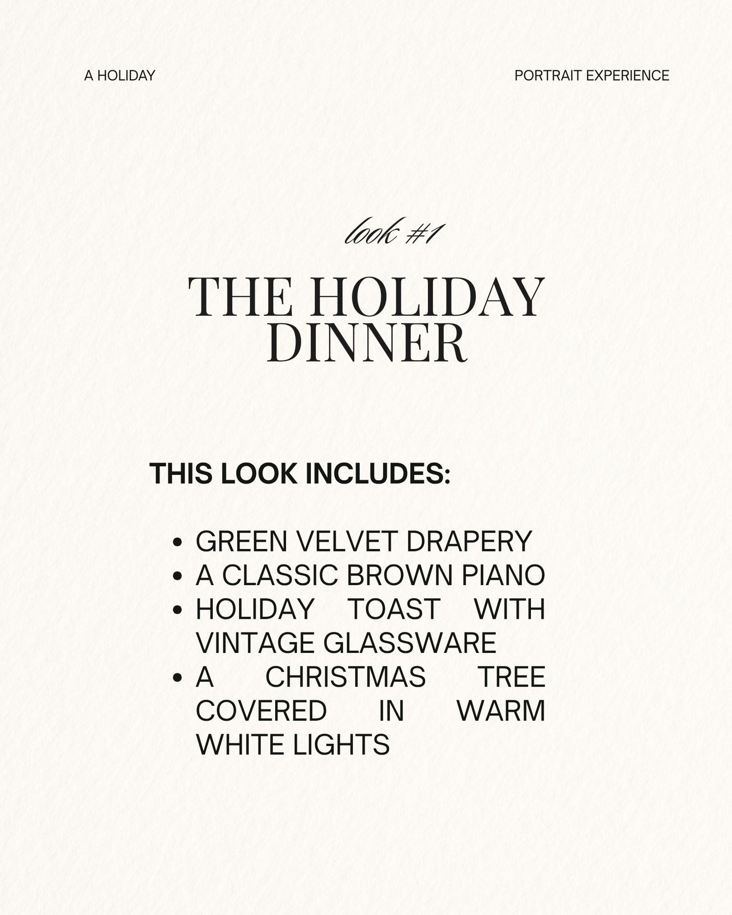 Holiday portrait experience guide featuring Look 1: The Holiday Dinner, with green velvet drapery, piano, and Christmas tree.
