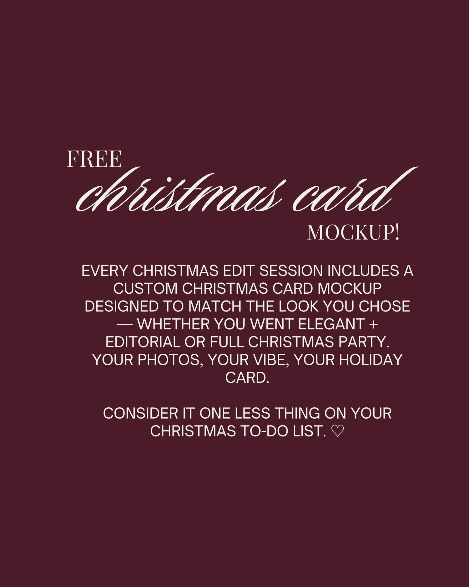 Free Christmas card mockup offer for holiday photo sessions, featuring elegant typography on a deep burgundy background.