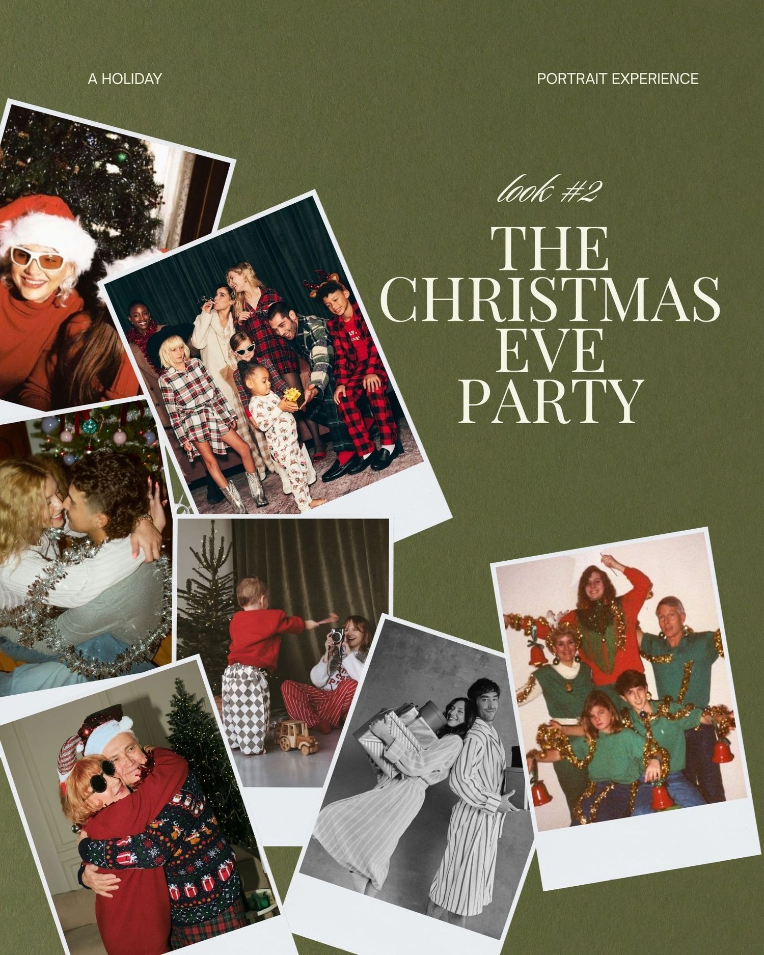 A holiday Christmas Eve party photo collage featuring families in festive pajamas and holiday outfits posing near Christmas trees.