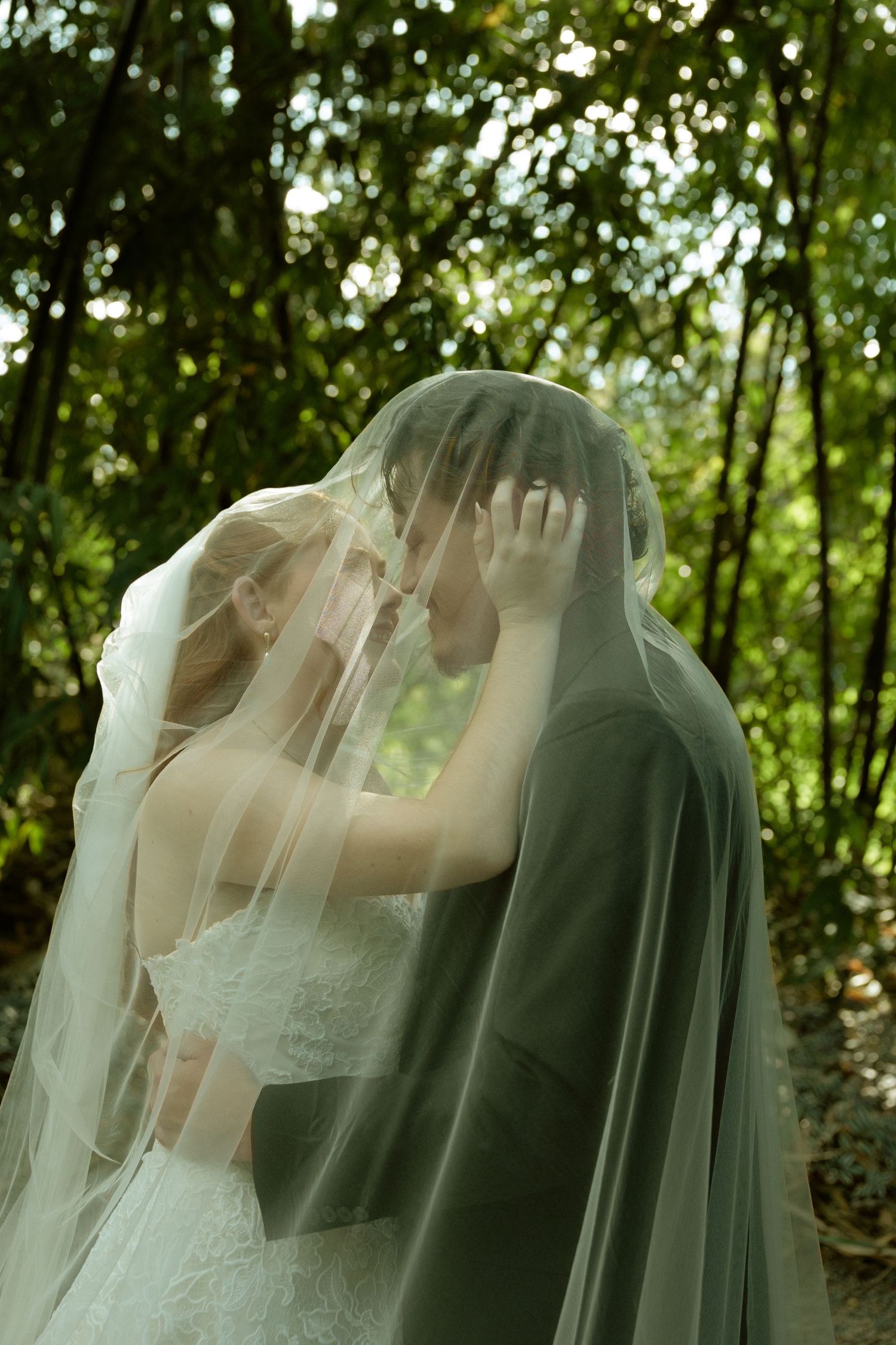 A romantic sequence of wedding photos showing a couple kissing under a delicate veil in a lush forest setting.