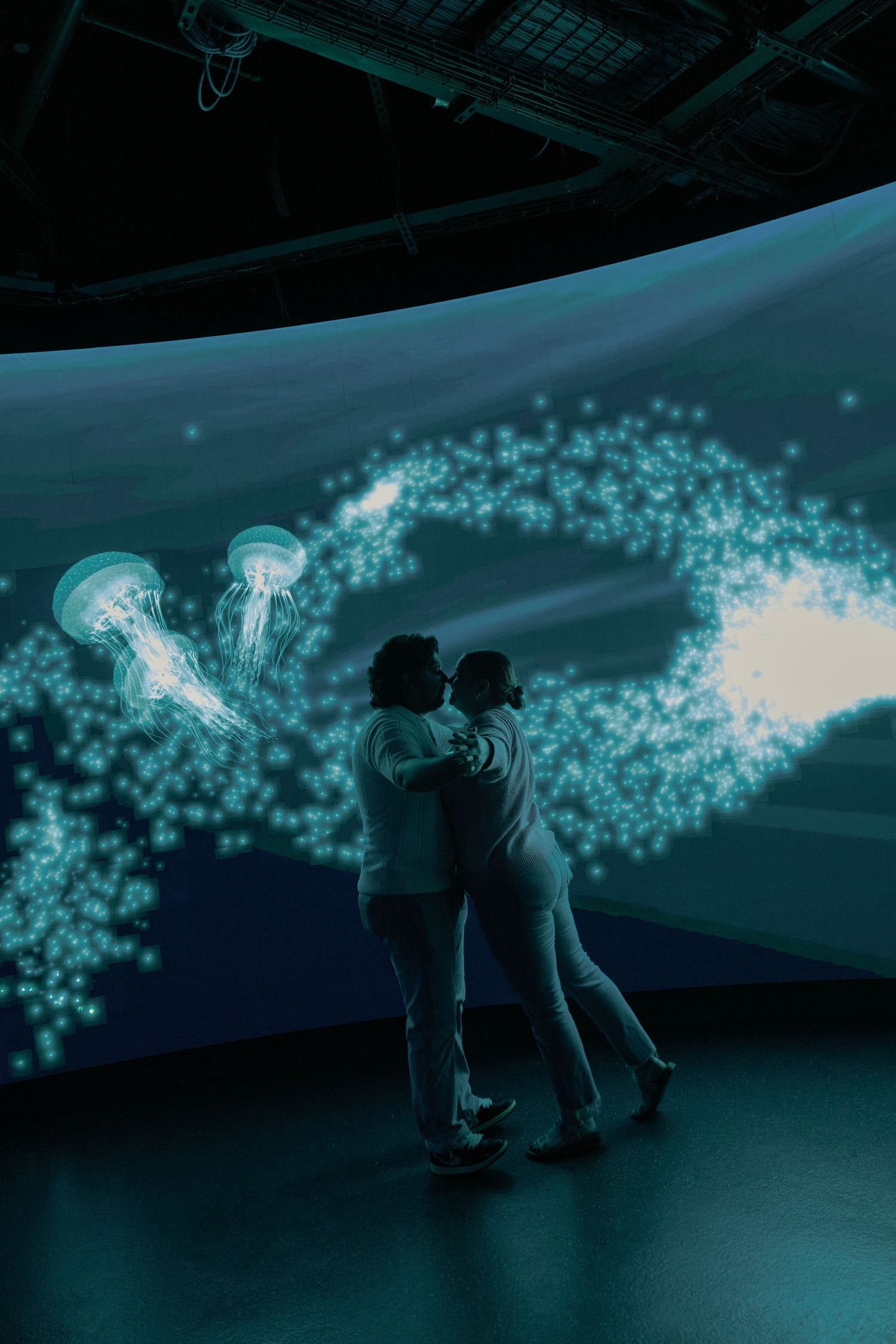 Two figures stand in a dark room watching glowing jellyfish float through a magical underwater-like atmosphere.