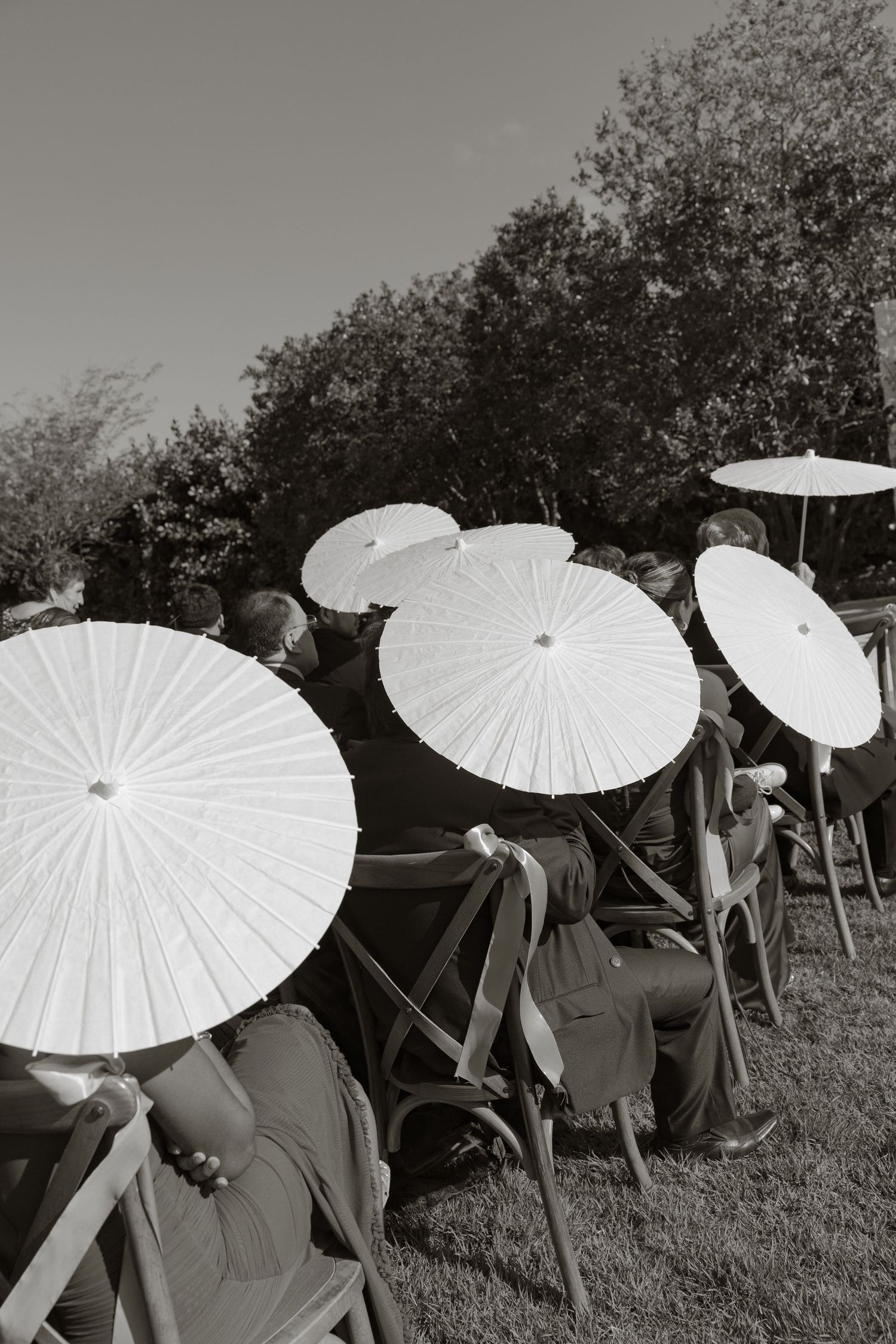 Black and white photo of wedding guests seated outdoors holding white paper parasols during an outdoor ceremony.