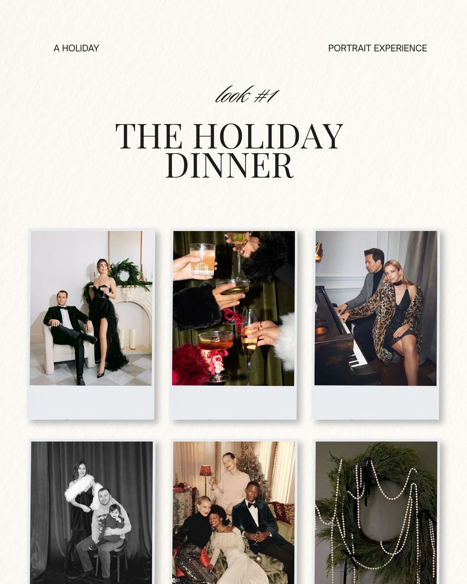 Holiday portrait experience collage featuring elegant couples in formal attire at a festive dinner party setting.