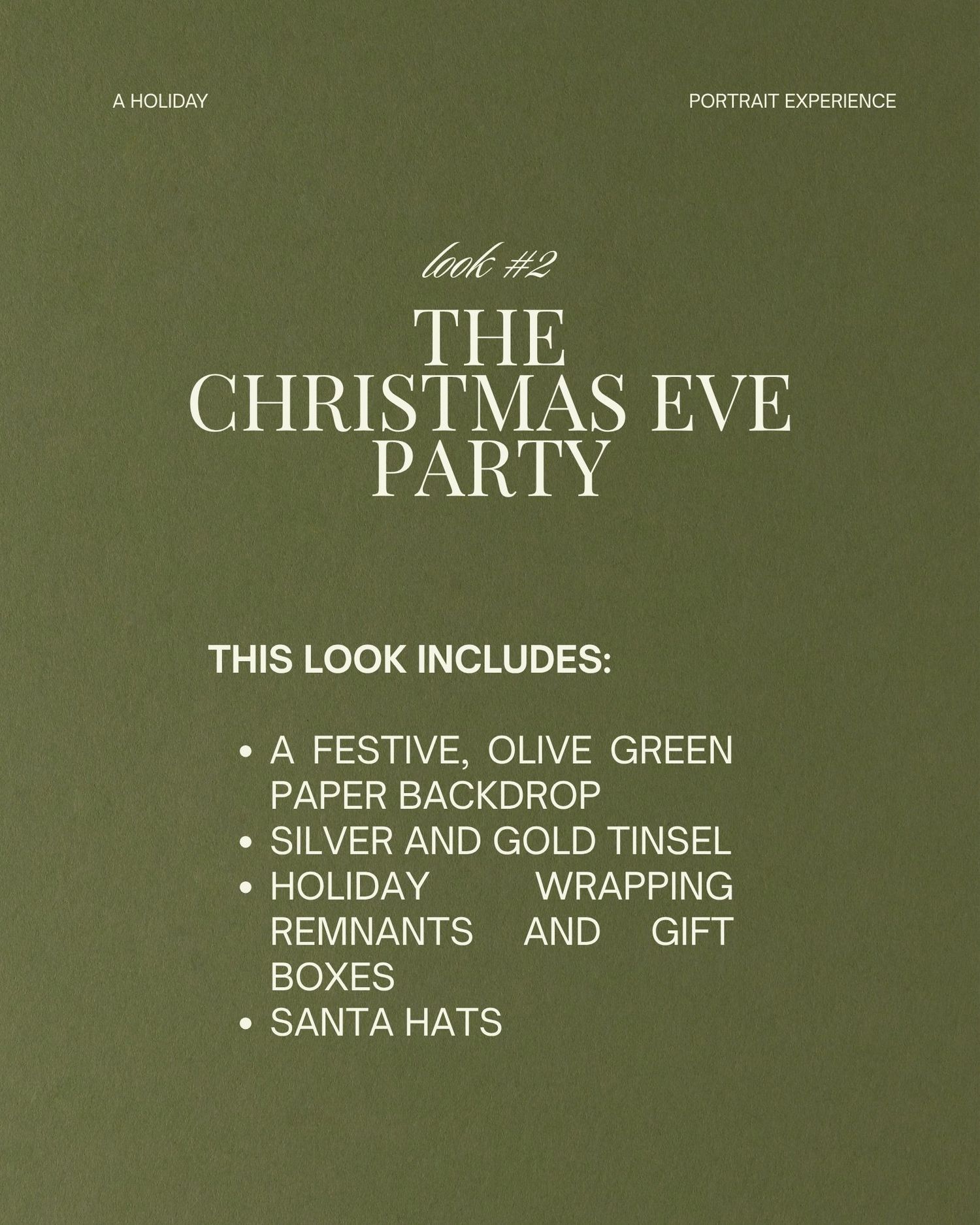 Olive green holiday portrait experience flyer for Christmas Eve Party featuring tinsel, gift boxes, wrapping remnants, and Santa hats.