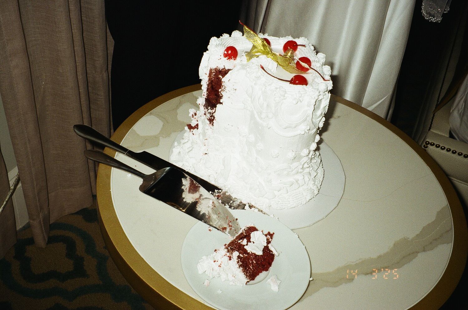A series of four images showing the progressive stages of a chocolate and vanilla layer cake being cut and served.
