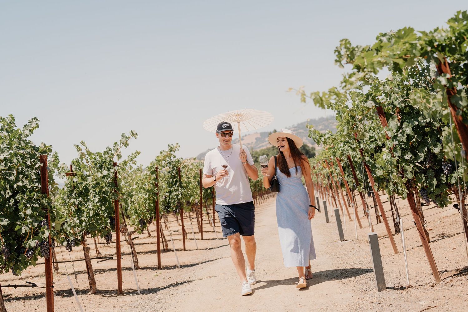 Two figures walking hand in hand through lush green vineyard rows on a sunny summer day.