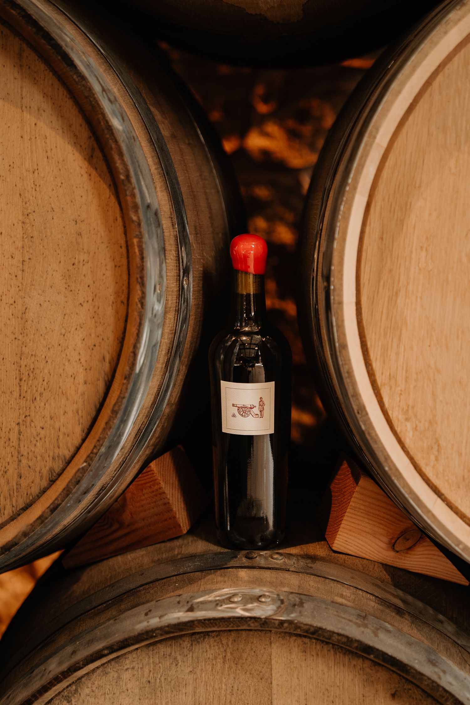 A red wine bottle nestled between oak aging barrels in a dimly lit winery cellar.