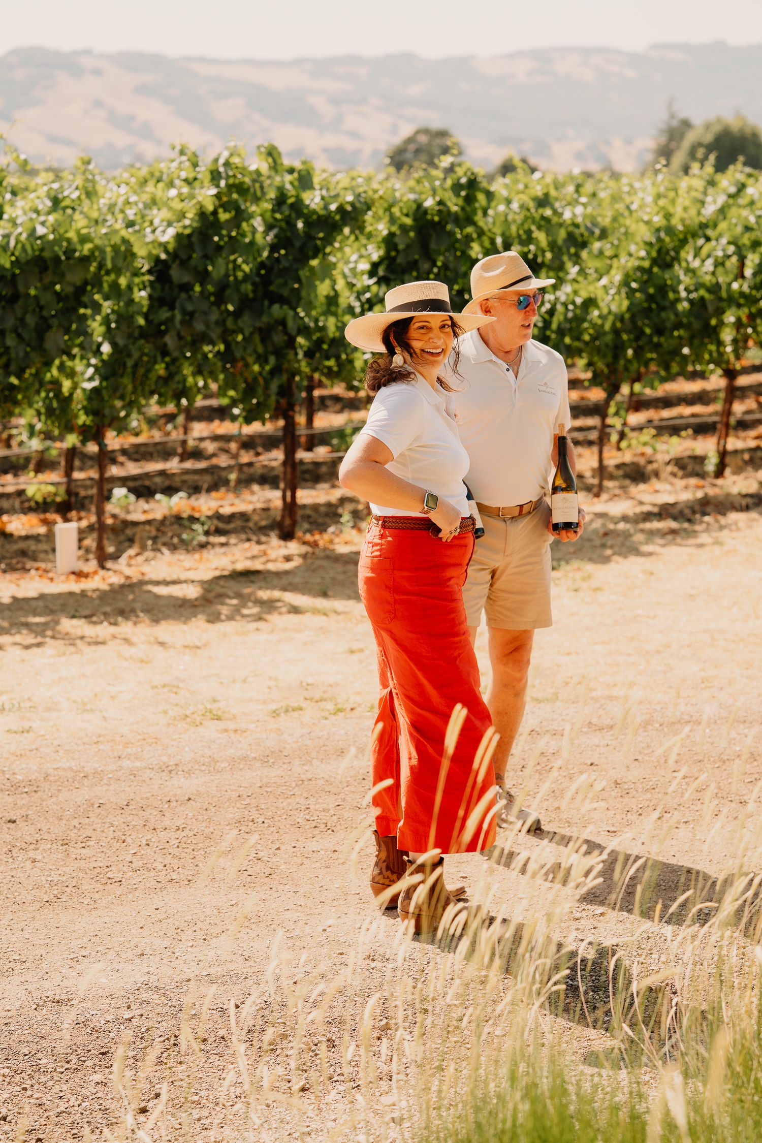 A couple strolls through a sun-drenched vineyard on a warm summer day, surrounded by rows of grapevines and mountains.