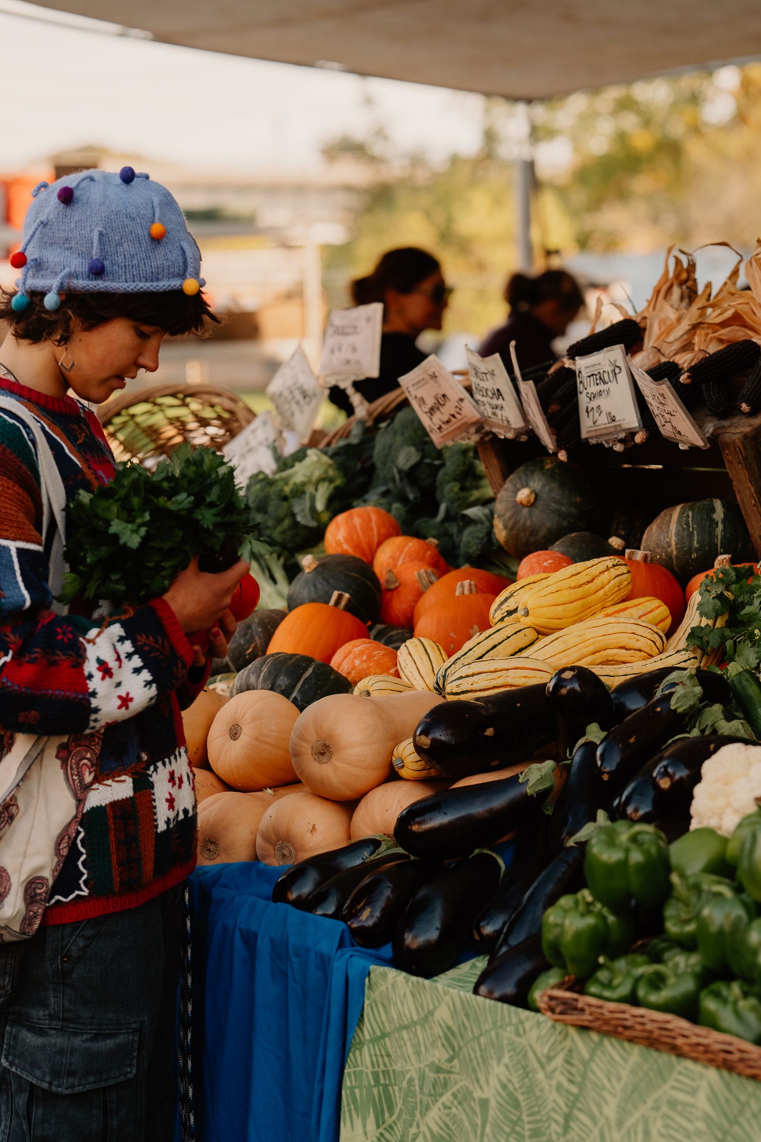 Fresh produce display at farmers market with colorful pumpkins, eggplants, peppers and other seasonal vegetables.
