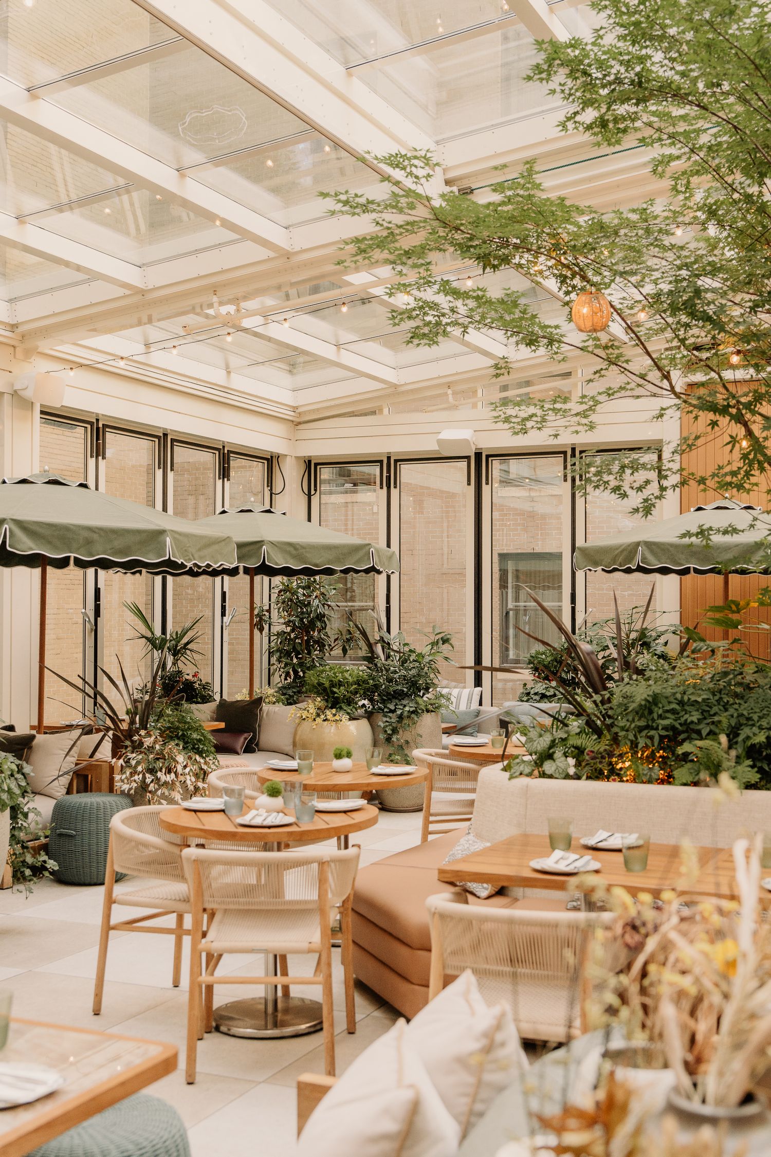 Elegant restaurant interior with natural light, glass ceiling, lush plants and modern furniture in warm neutral tones.