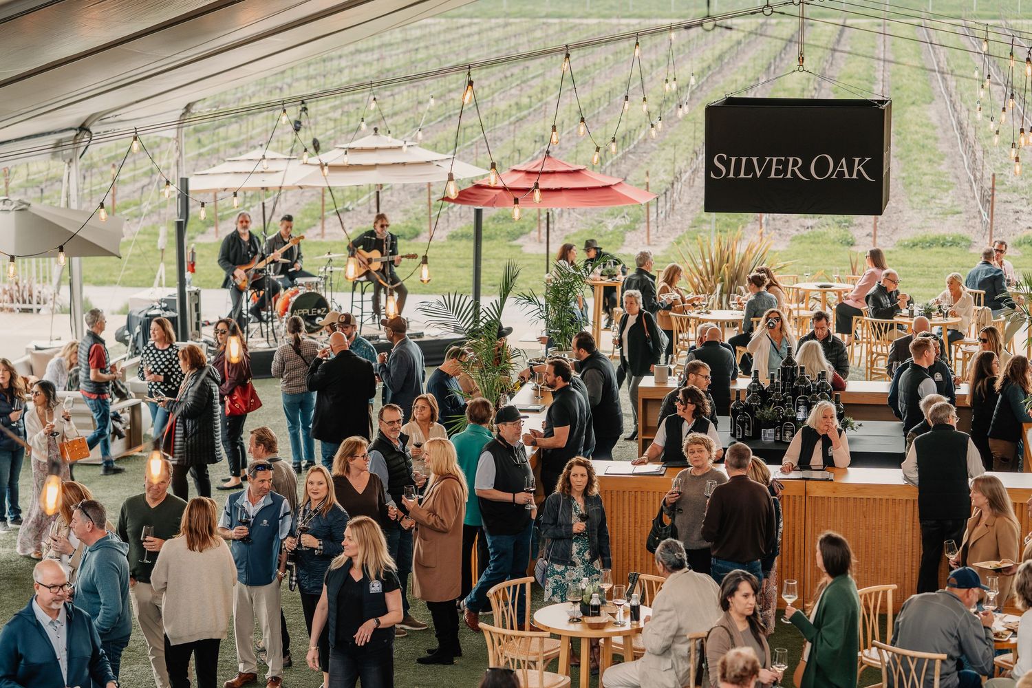 Guests mingle and enjoy wine tasting at a lively Silver Oak winery event under a spacious outdoor tent.