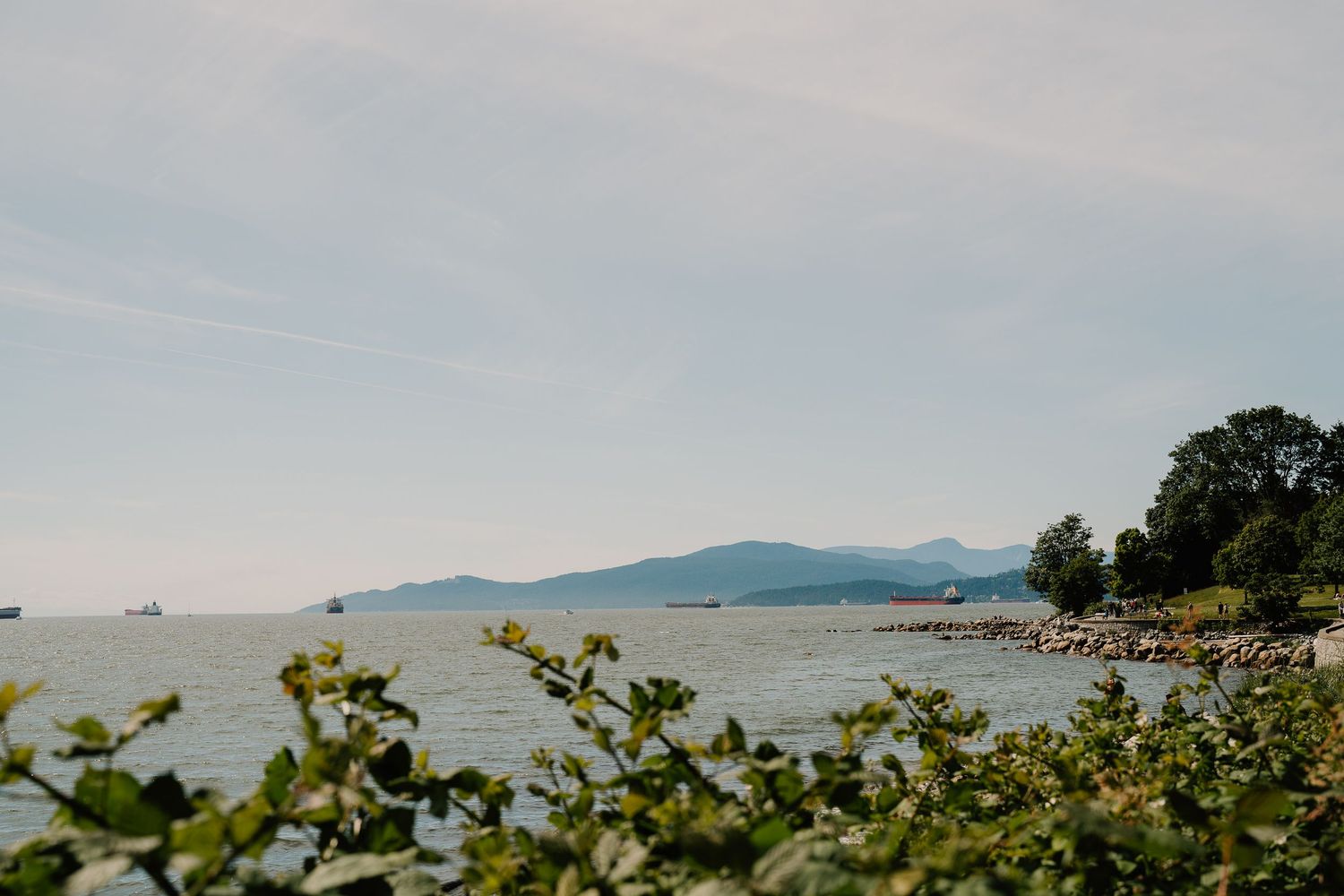 Scenic mountain lake vista with trees along the shoreline and distant peaks reflecting in calm waters on a cloudy day.