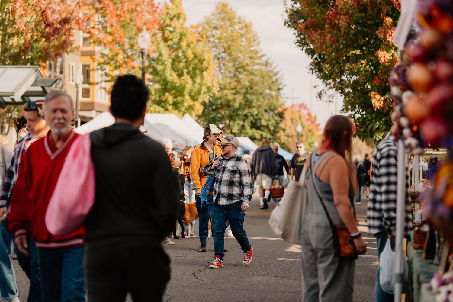 People browse vendor booths at a busy outdoor autumn festival with colorful fall foliage in the background.