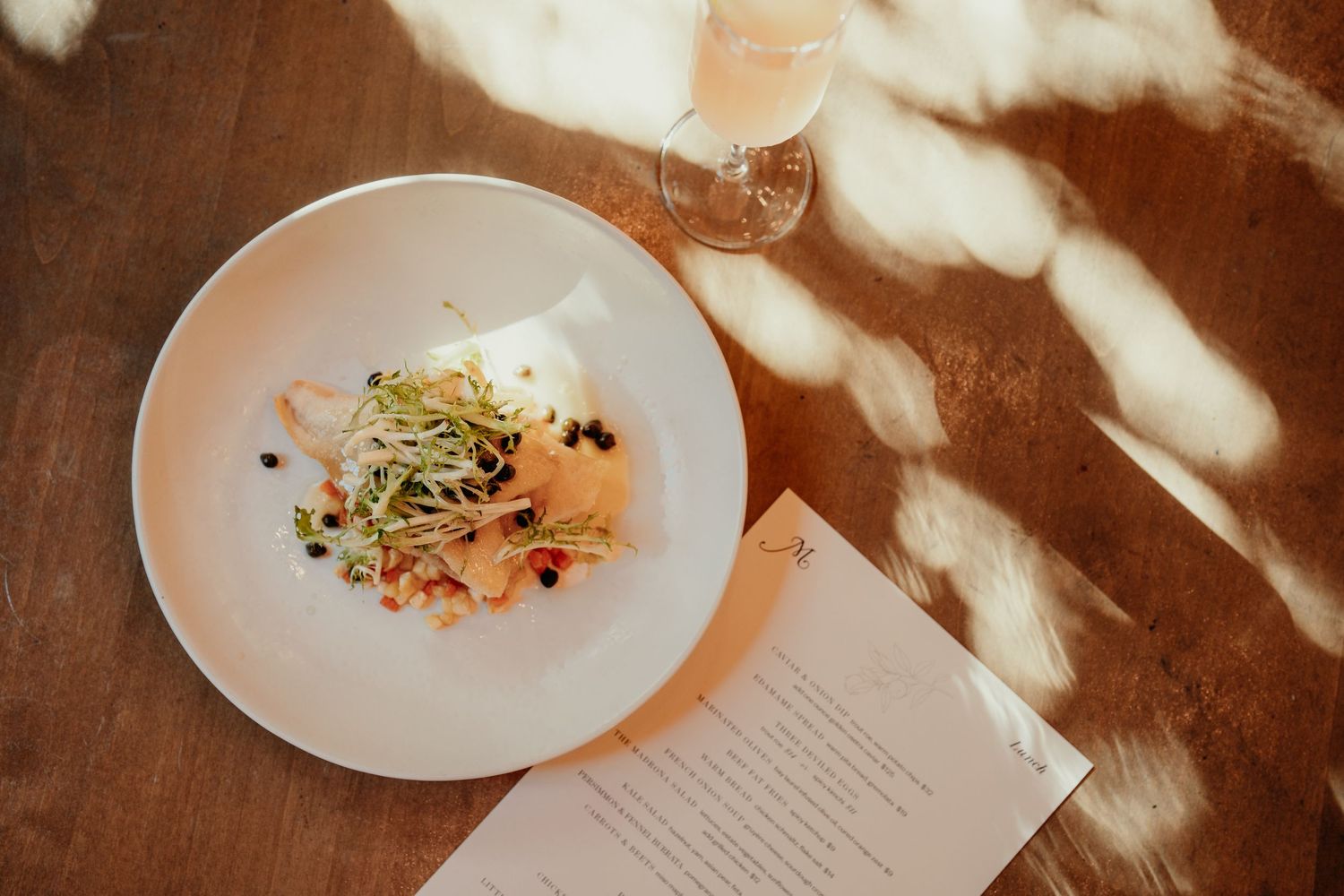 Artfully plated dishes on white plates with natural sunlight creating dappled shadows across the dining table.