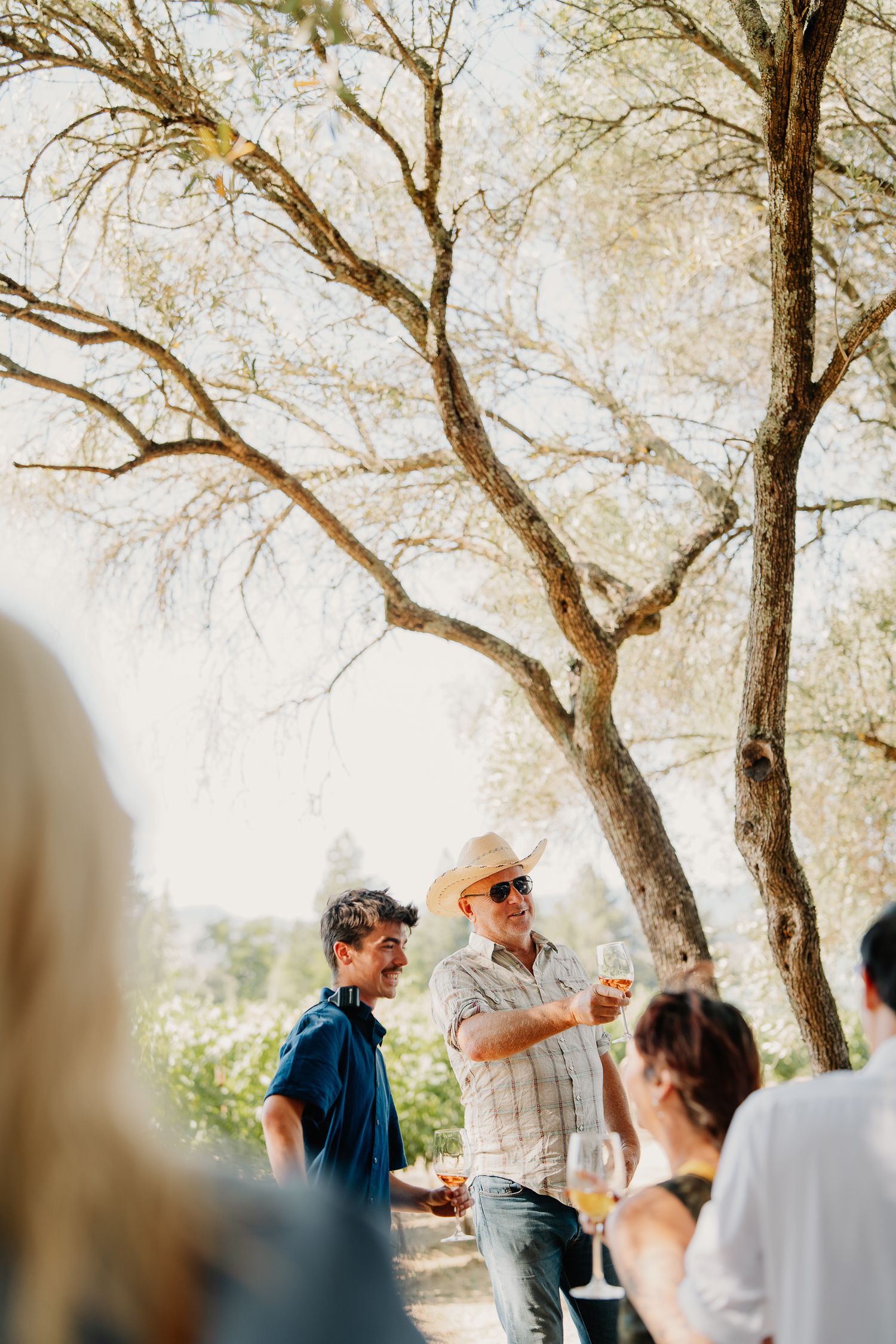 People gather under shade trees for wine tasting and conversation in a scenic outdoor setting.