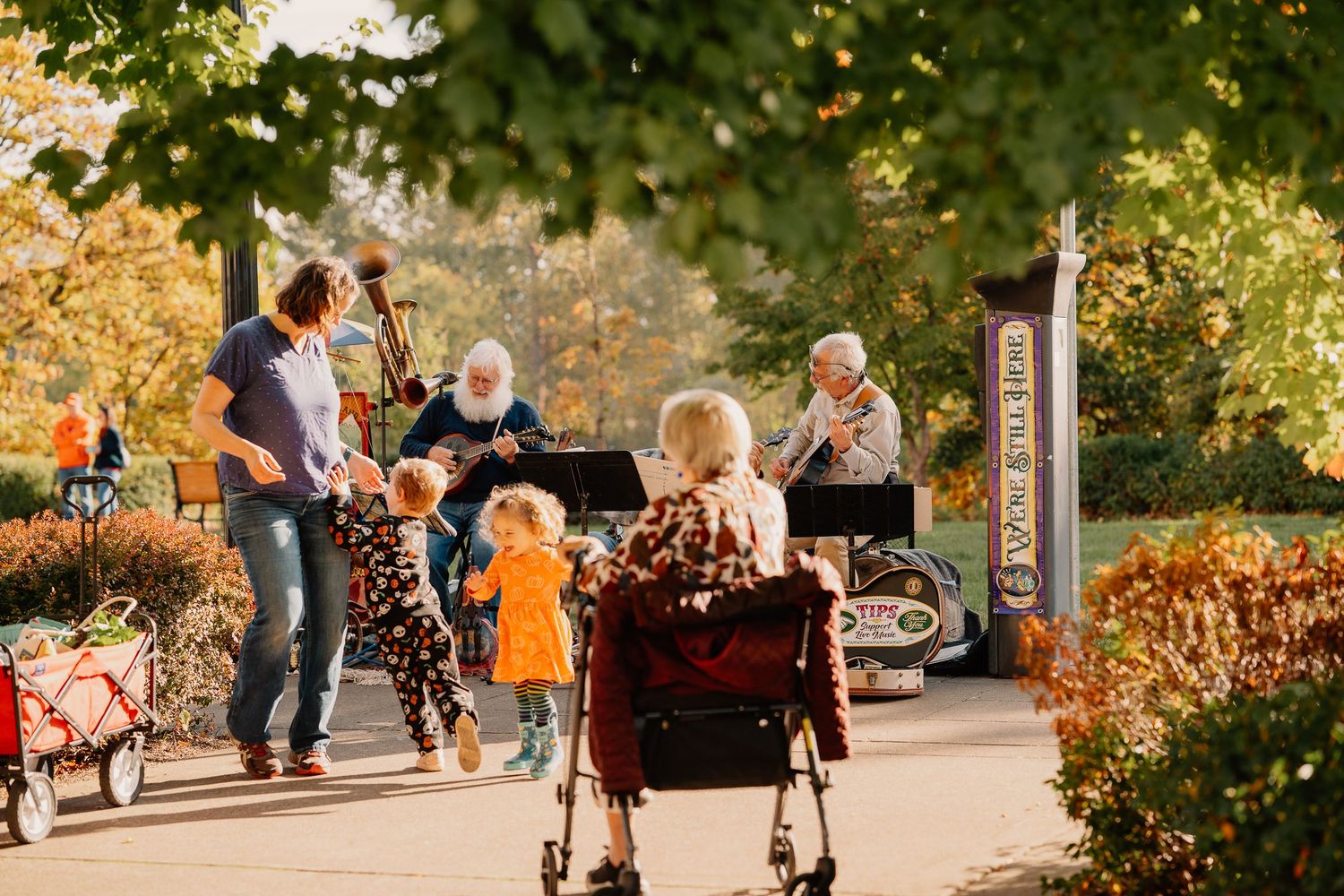 People enjoying a sunny autumn day at a park pathway with wheelchairs and wagons surrounded by golden foliage.