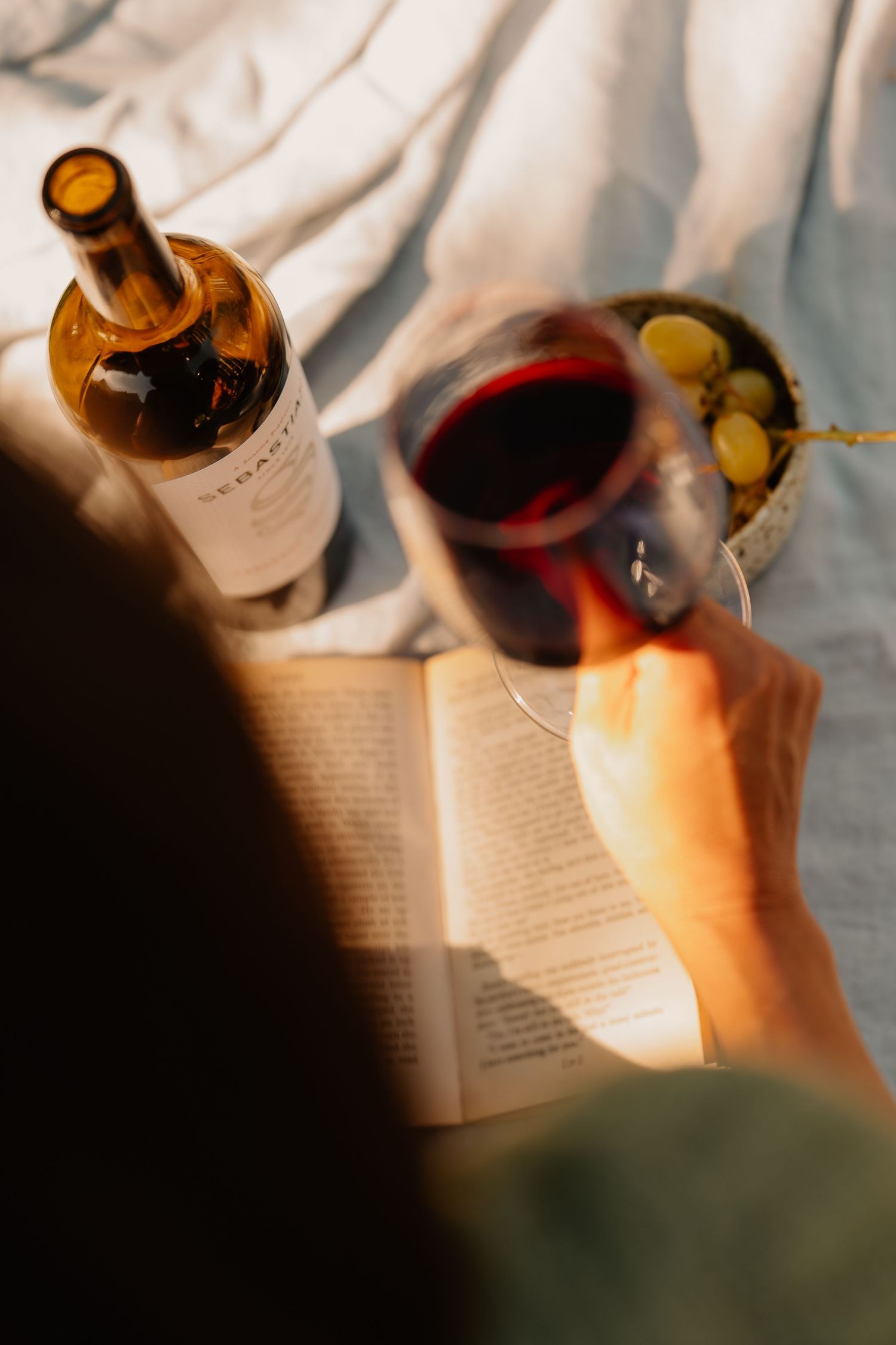 Person relaxing outdoors reading a book while holding a glass of red wine with Sebastiani bottle nearby.