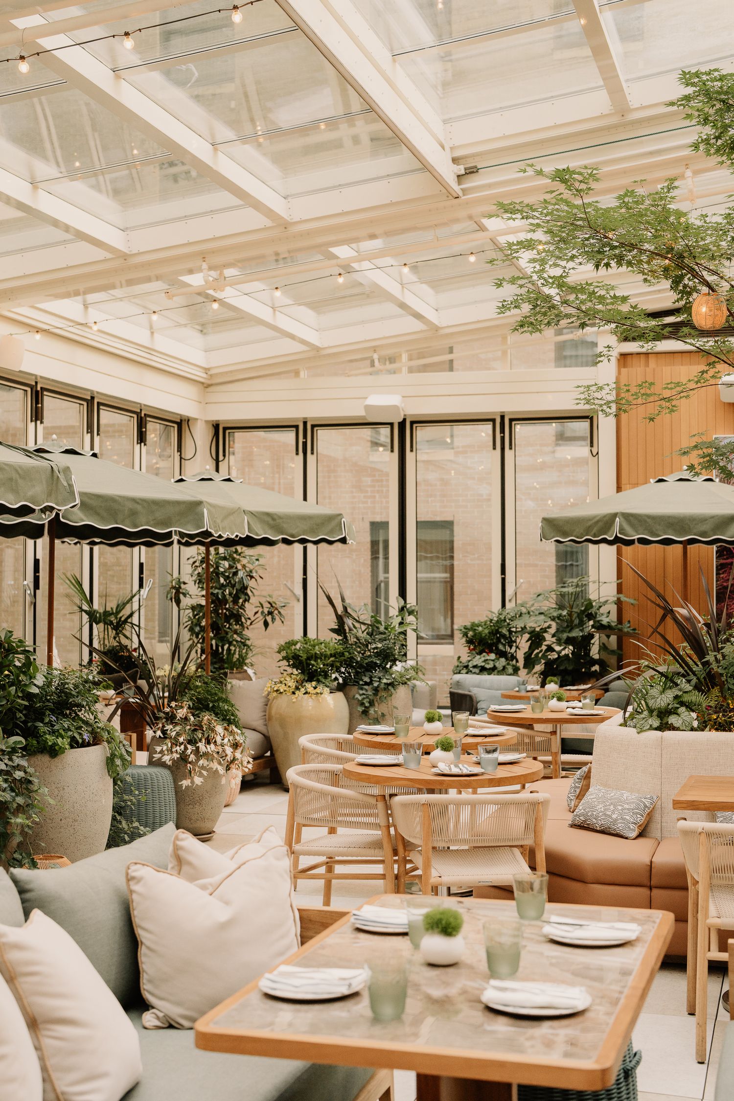 Modern restaurant interior with white coffered ceiling, wooden tables, and lush plants creating a bright, airy atmosphere.