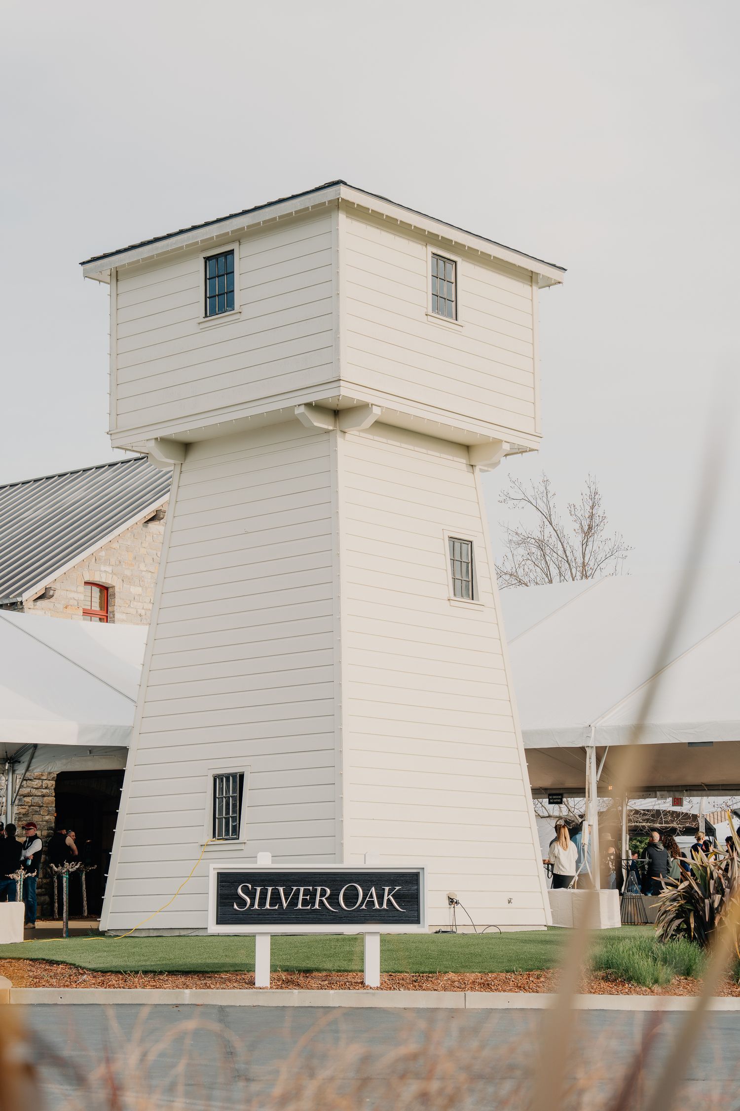 White water tower with Silver Oak winery sign outside the Alexander Valley winery in Sonoma County.