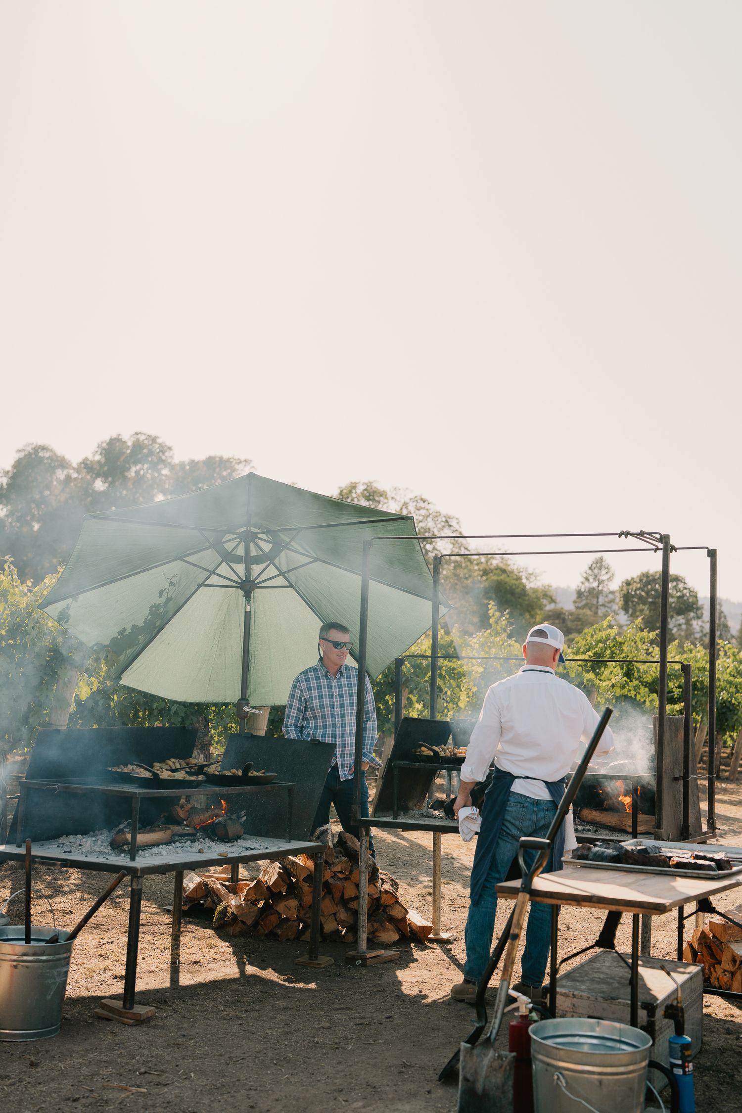Outdoor chefs prepare food under white umbrellas with smoke rising from grills in a vineyard setting.