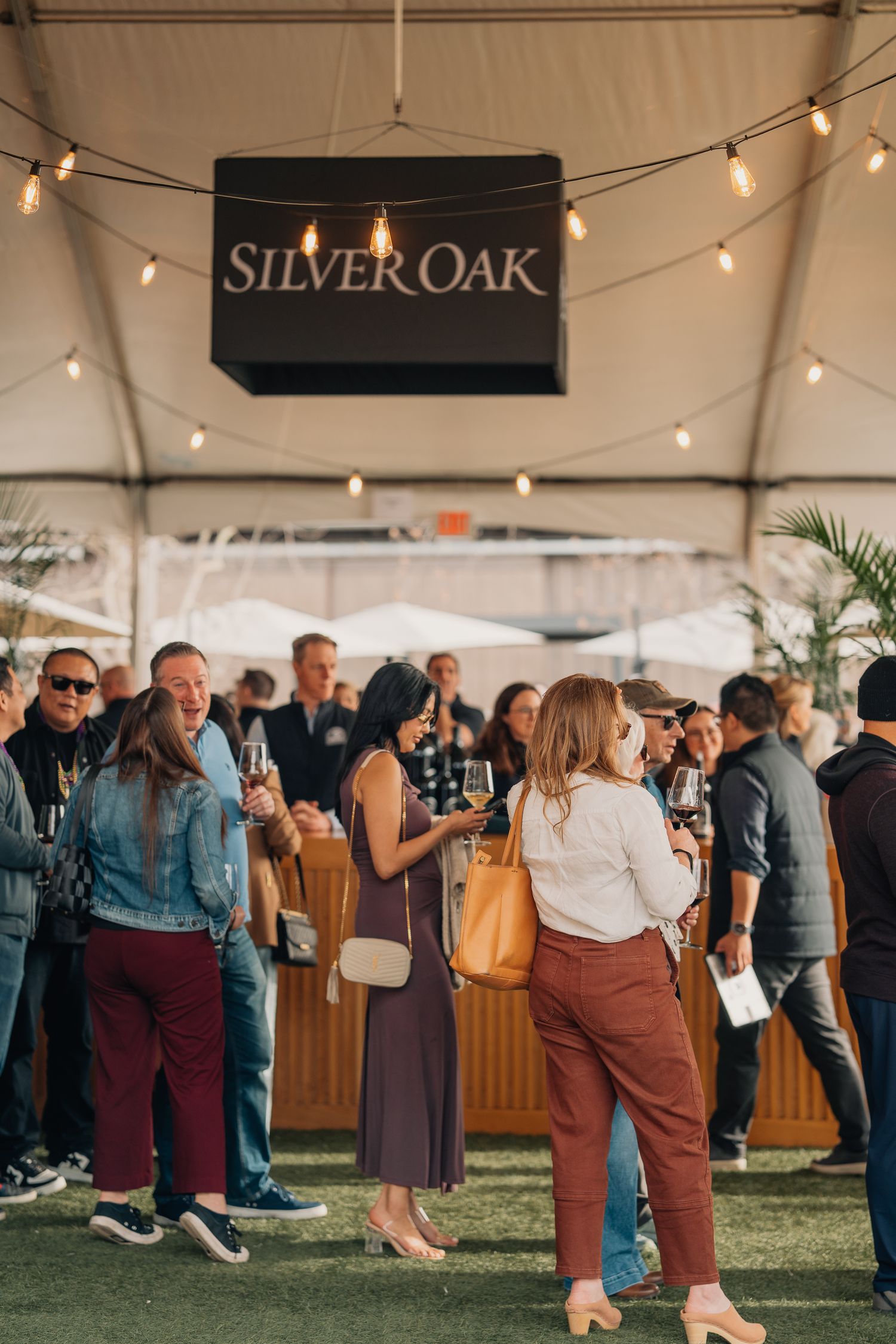 Wine enthusiasts socializing with glasses of red wine under Silver Oak Winery signage at outdoor event.