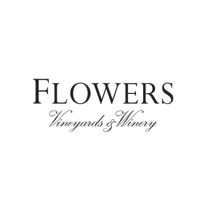 Elegant winery logo design with text 'FLOWERS' and 'Vineyards & Winery' in black lettering on white background.