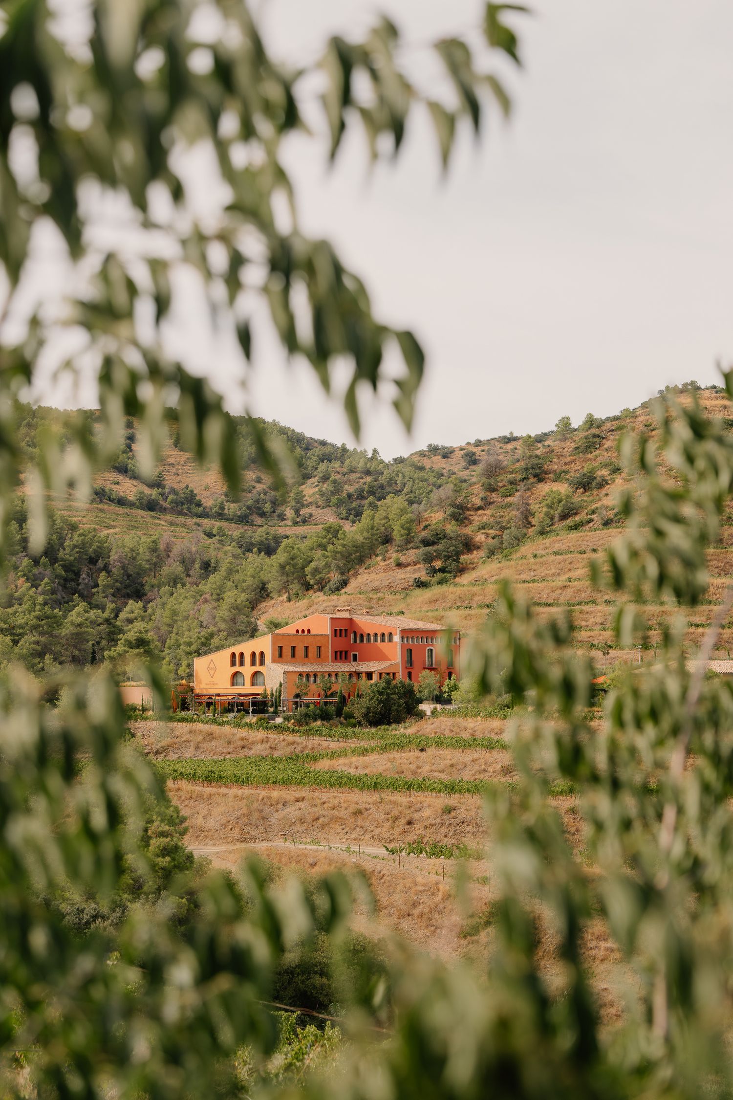A rustic red building nestled in the hills with terraced landscape and green foliage in the foreground.