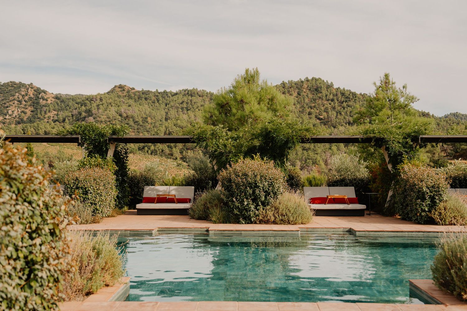 Serene swimming pool surrounded by desert landscaping and mountains with multiple lounge areas under natural sunlight.