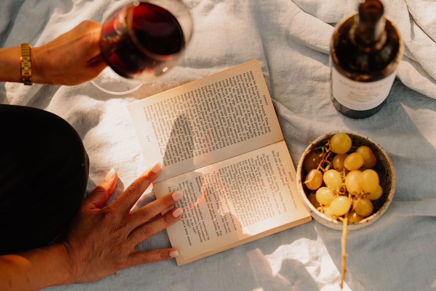 Overhead view of person reading a book with red wine, a bottle, and snacks on a blanket.